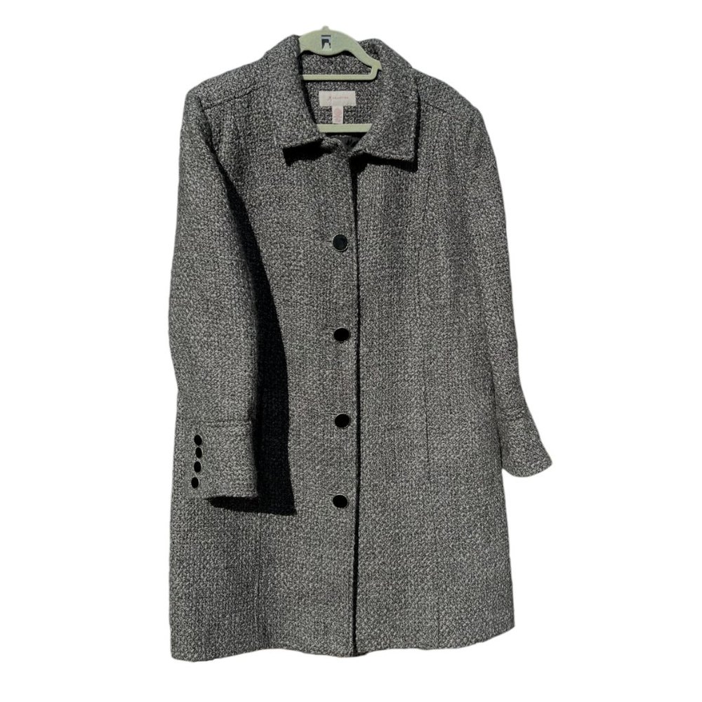 JM Collection Grey and Dark Grey Textured Woven Fabric Coat Womens Knee Length